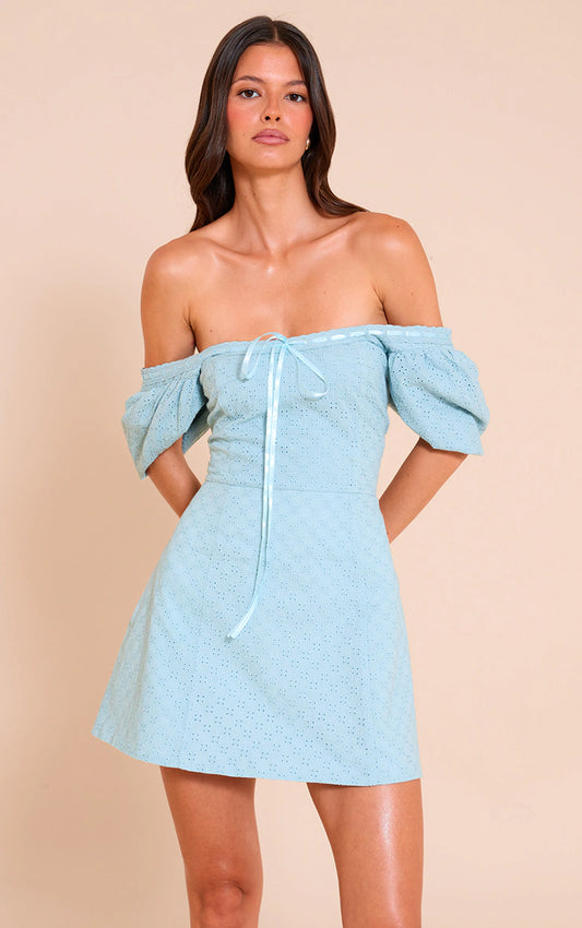 Baby Blue Broderie Puff Sleeve A-line Mini Dress
