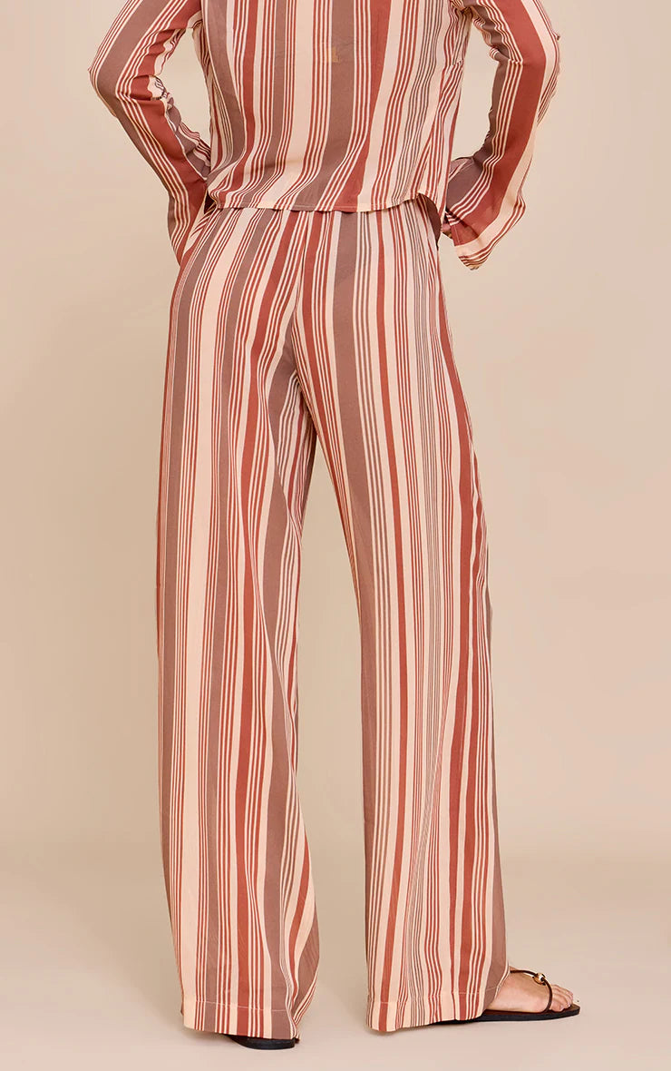 Beige Chiffon Striped Wide Leg Pants