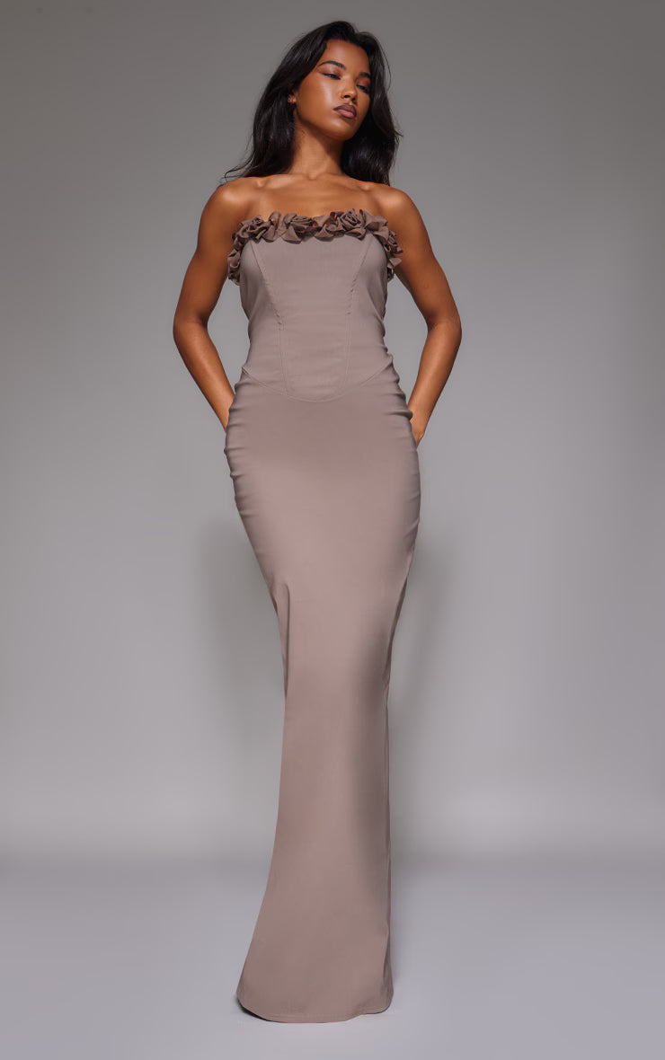 Mocha Stretch Woven Rosette Bandeau Maxi Dress