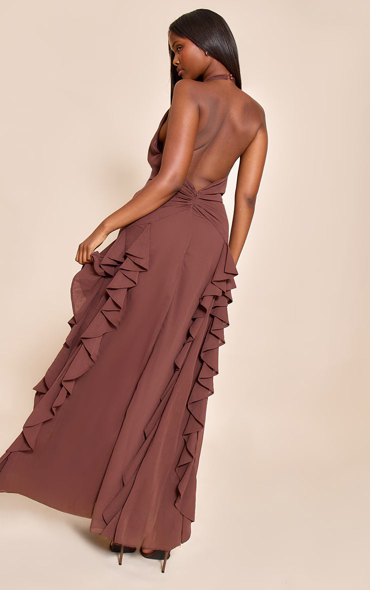 Chocolate Plunge Ruched Frill Detail Maxi Dress