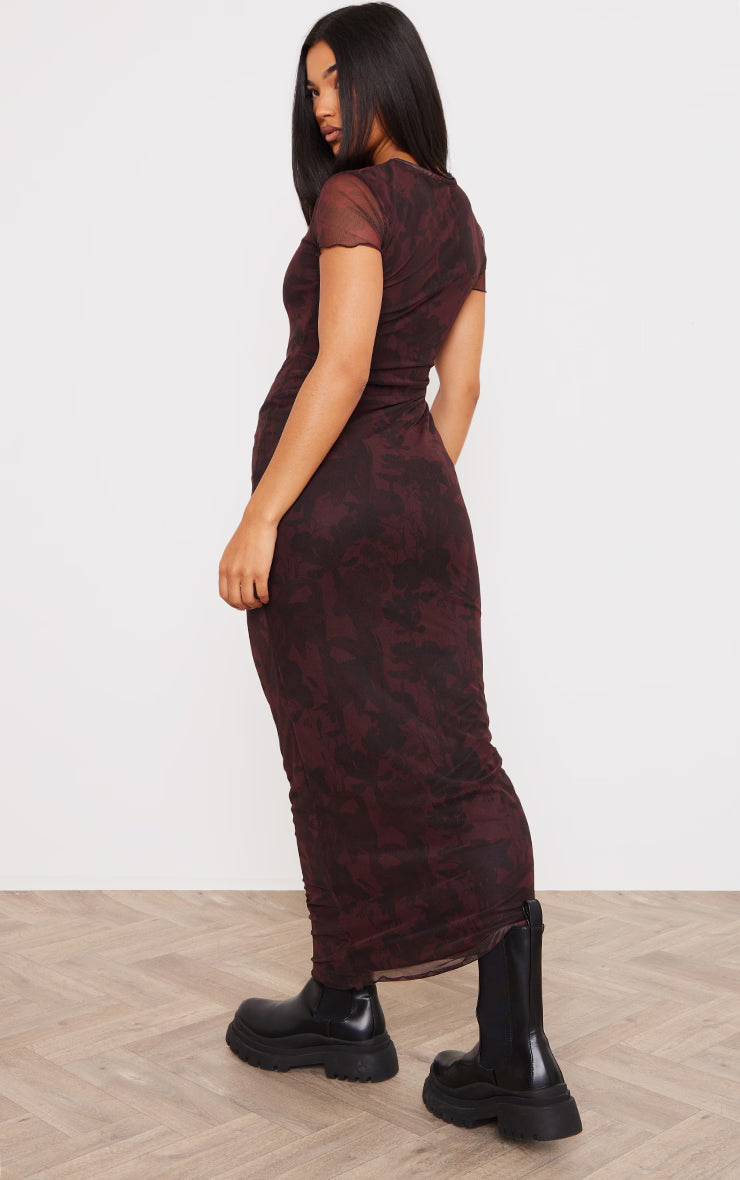 Burgundy Floral Print Mesh Short Sleeve Maxi Dress
