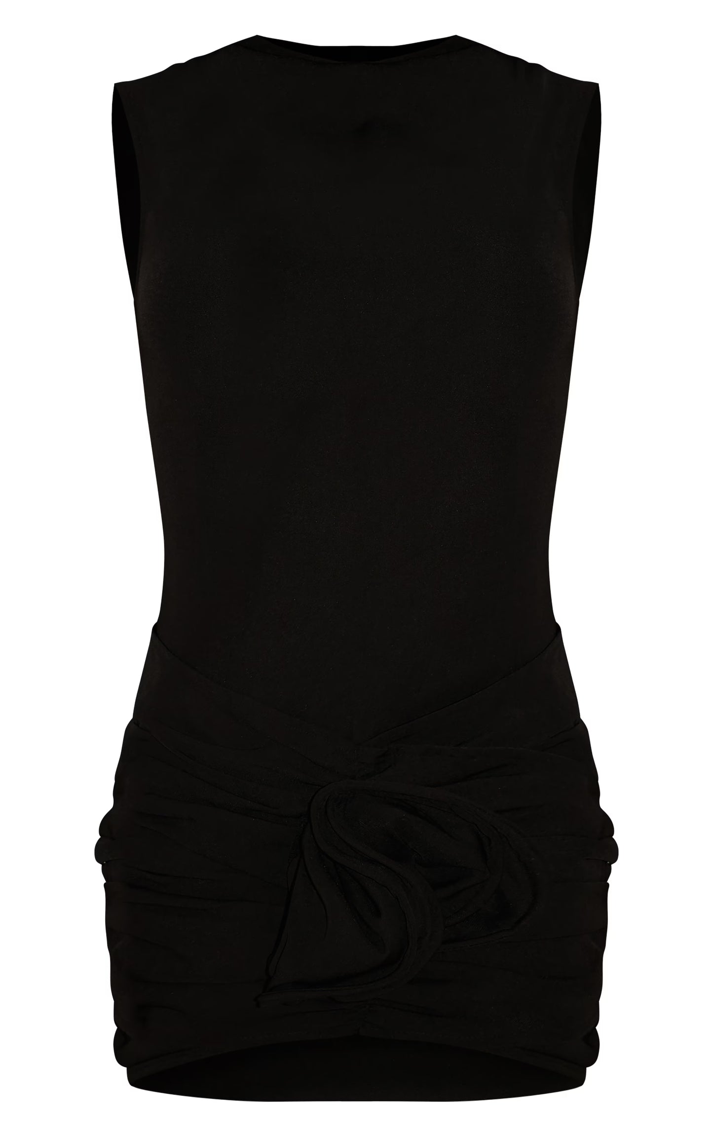 Black Woven High Neck Ruched Floral Mini Dress