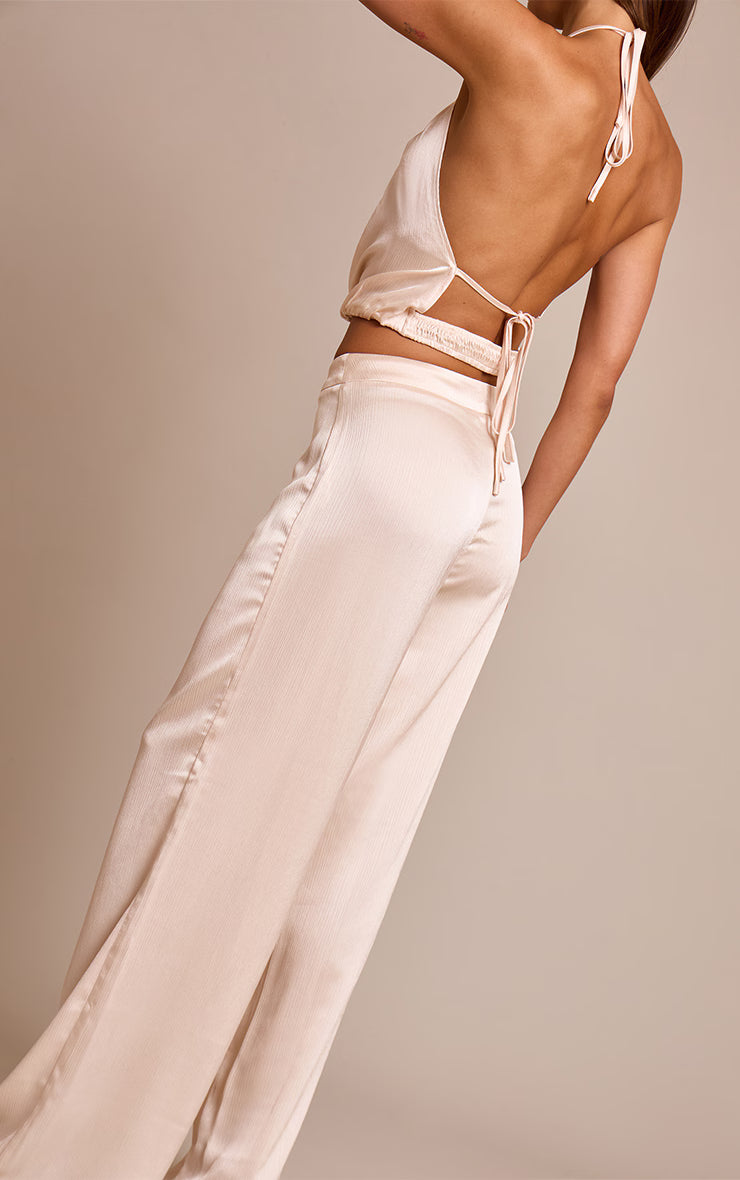 Cream Crinkle Satin High Waisted Wide Leg Pants