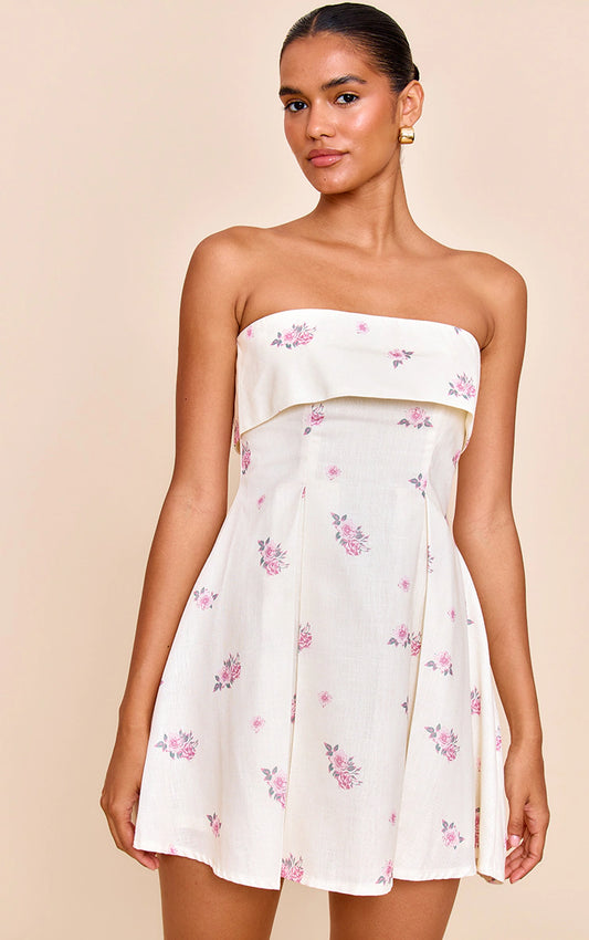 Pink Floral Printed Linen-Blend Bandeau Fold Over Shift Dress