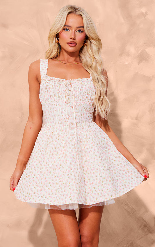 Pink Floral Tie Puff Hem Shift Dress
