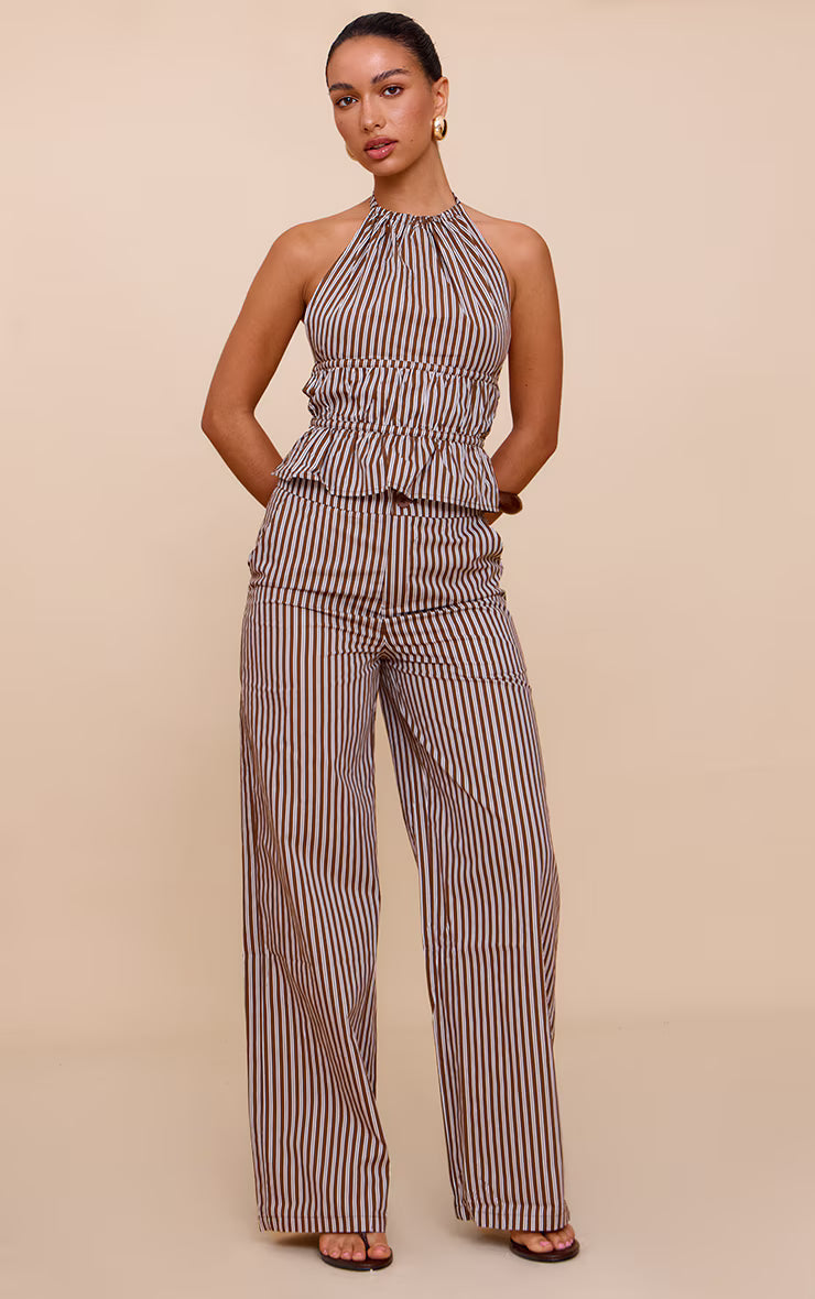 Brown Stripe Woven Mid Rise Wide Leg Pant