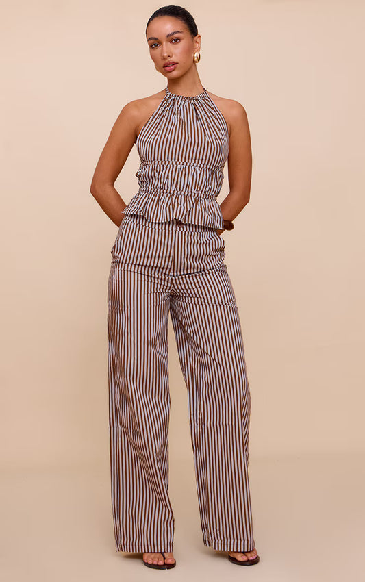 Brown Stripe Woven Mid Rise Wide Leg Pant