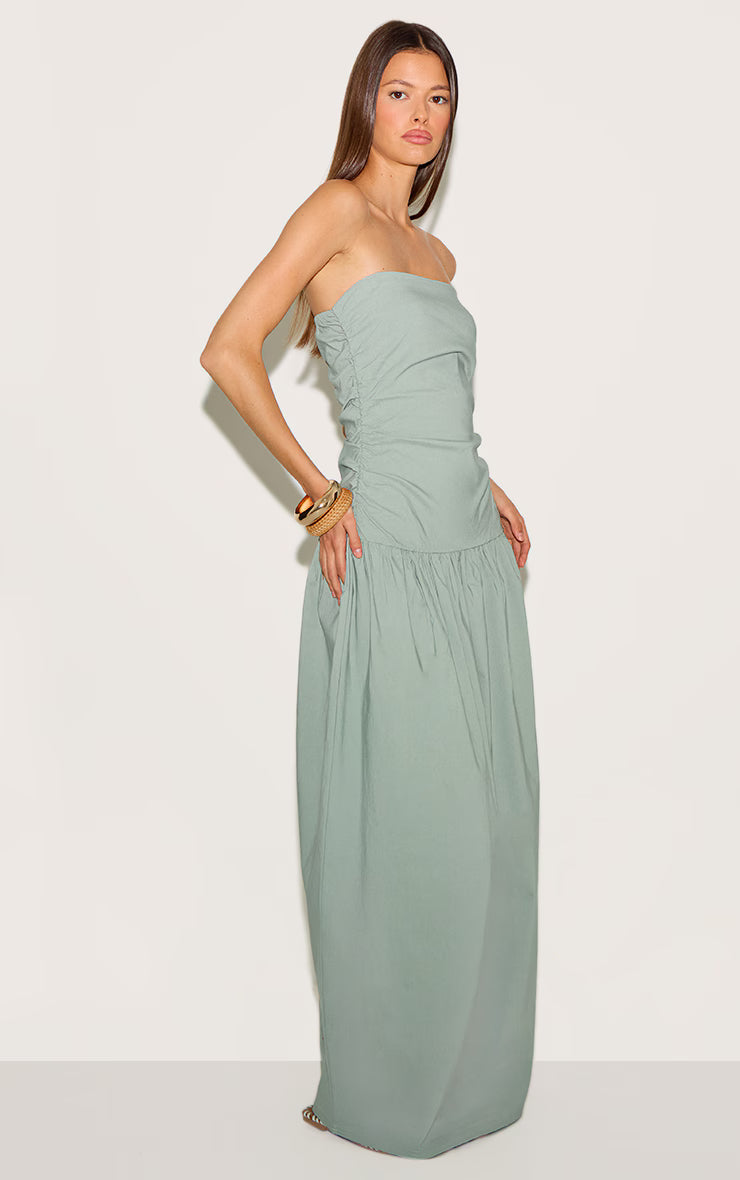 Sage Stretch Woven Bandeau Ruched Maxi Dress