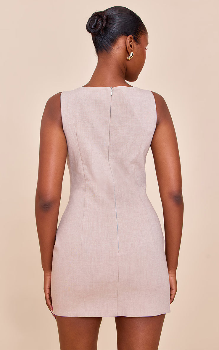 Beige Woven Slash Neck Mini Dress