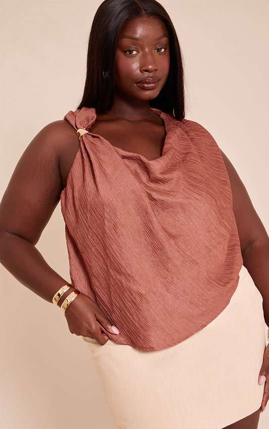 Plus Brown Textured Woven Trim Drape Top
