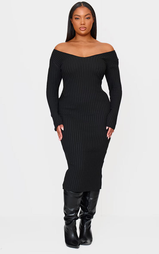 Plus Black Off Shoulder Rib Knitted Midaxi Dress