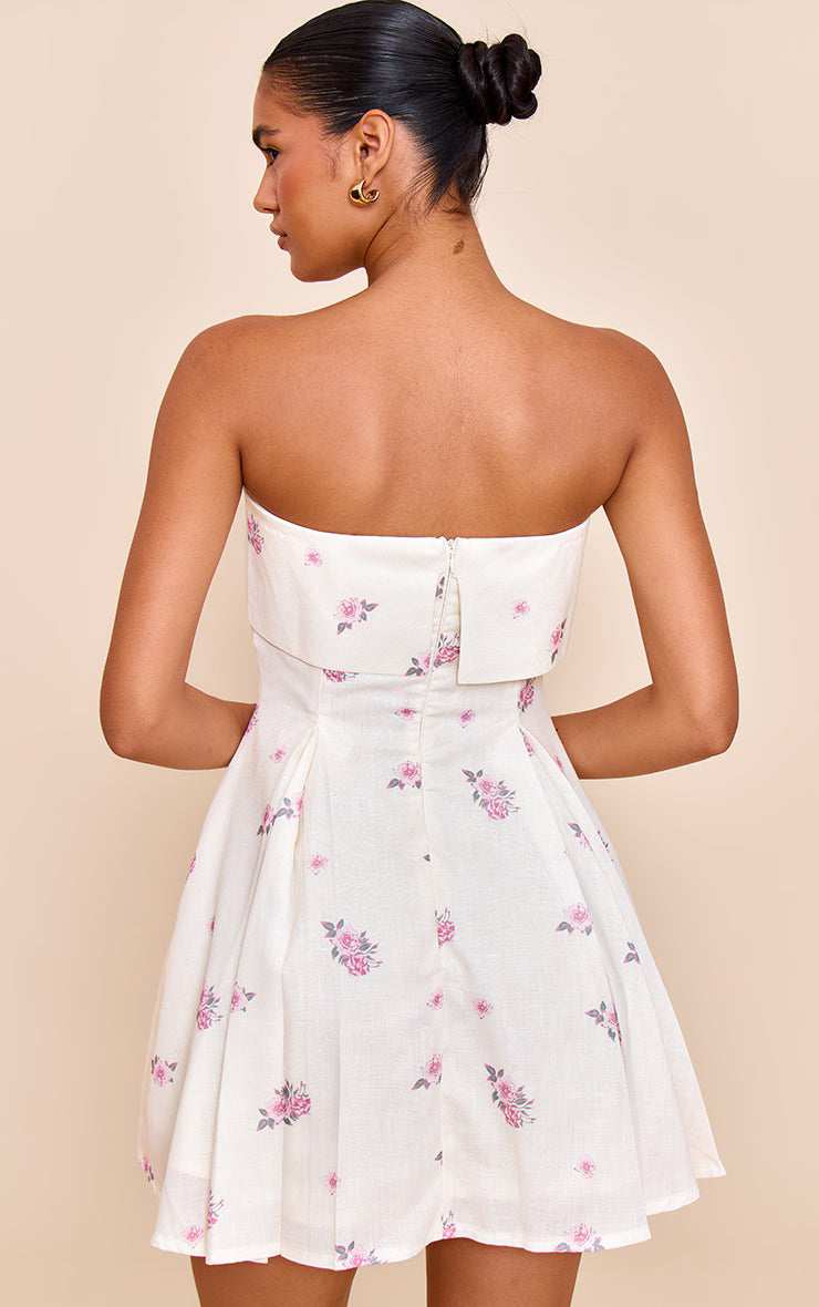 Pink Floral Printed Linen-Blend Bandeau Fold Over Shift Dress