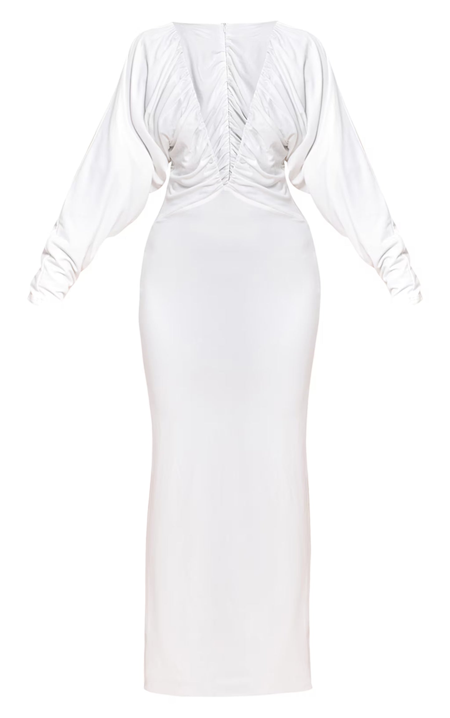 PLT Label White Slinky Ruched Plunge Batwing Maxi Dress