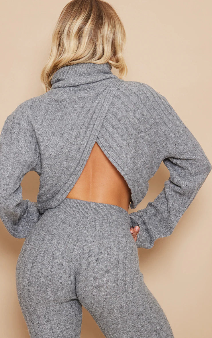 Charcoal Grey Luxe Knit Wide Rib Cross Back Crop Sweater
