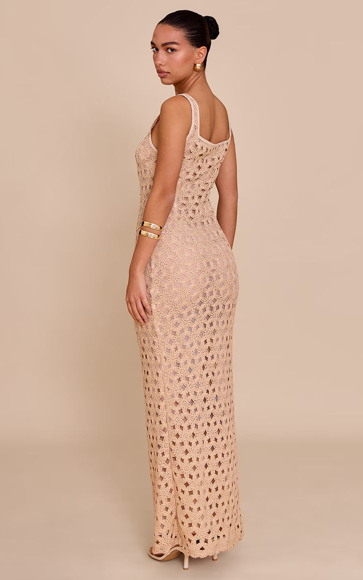 Stone Floral Textured Scoop Neck Maxi Dress