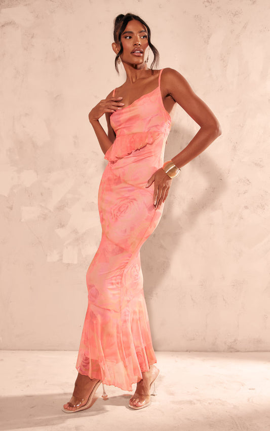 Pink Printed Mesh Frill Cowl Back Maxi Dress