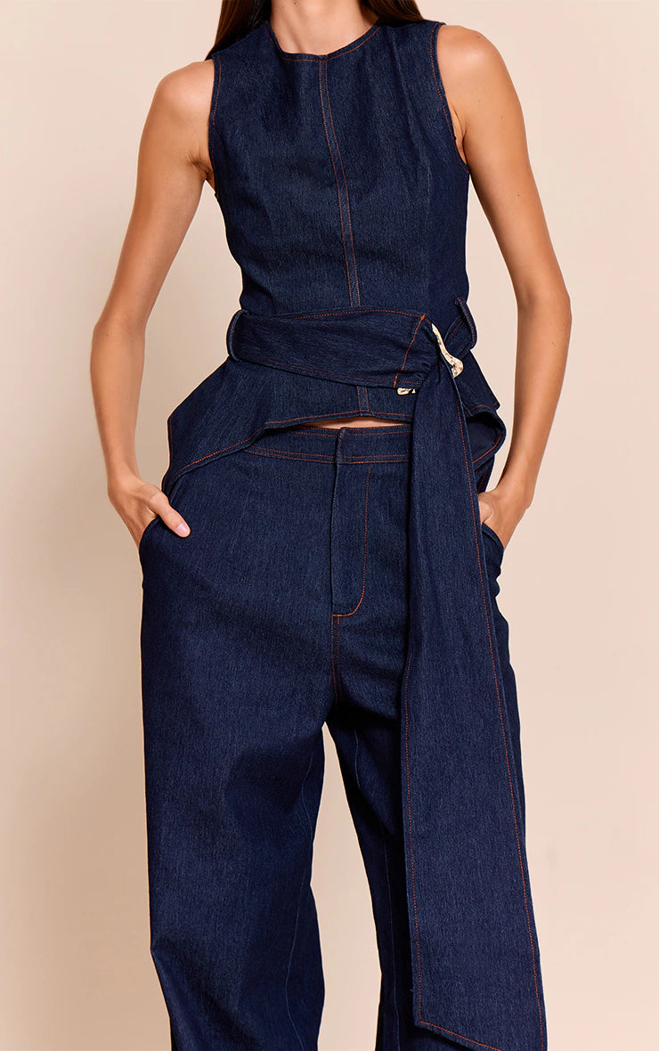 Indigo Blue Chambray Denim Wide Leg Pants
