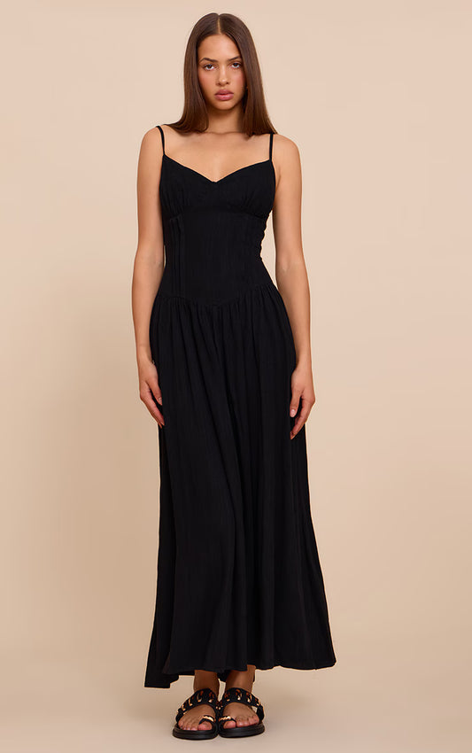 Black Textured Woven Pleat Detail Maxi Dress