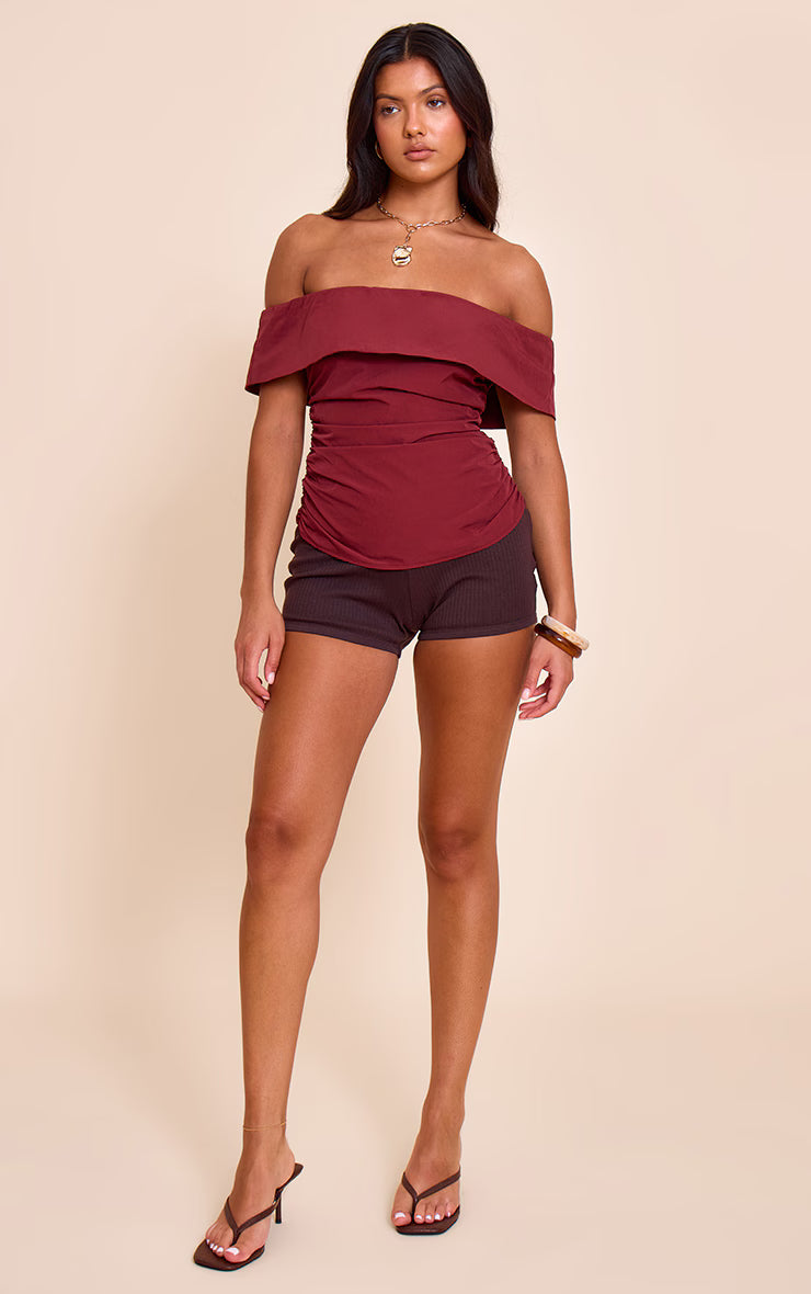 Deep Red Woven Bardot Ruched Side Long Top