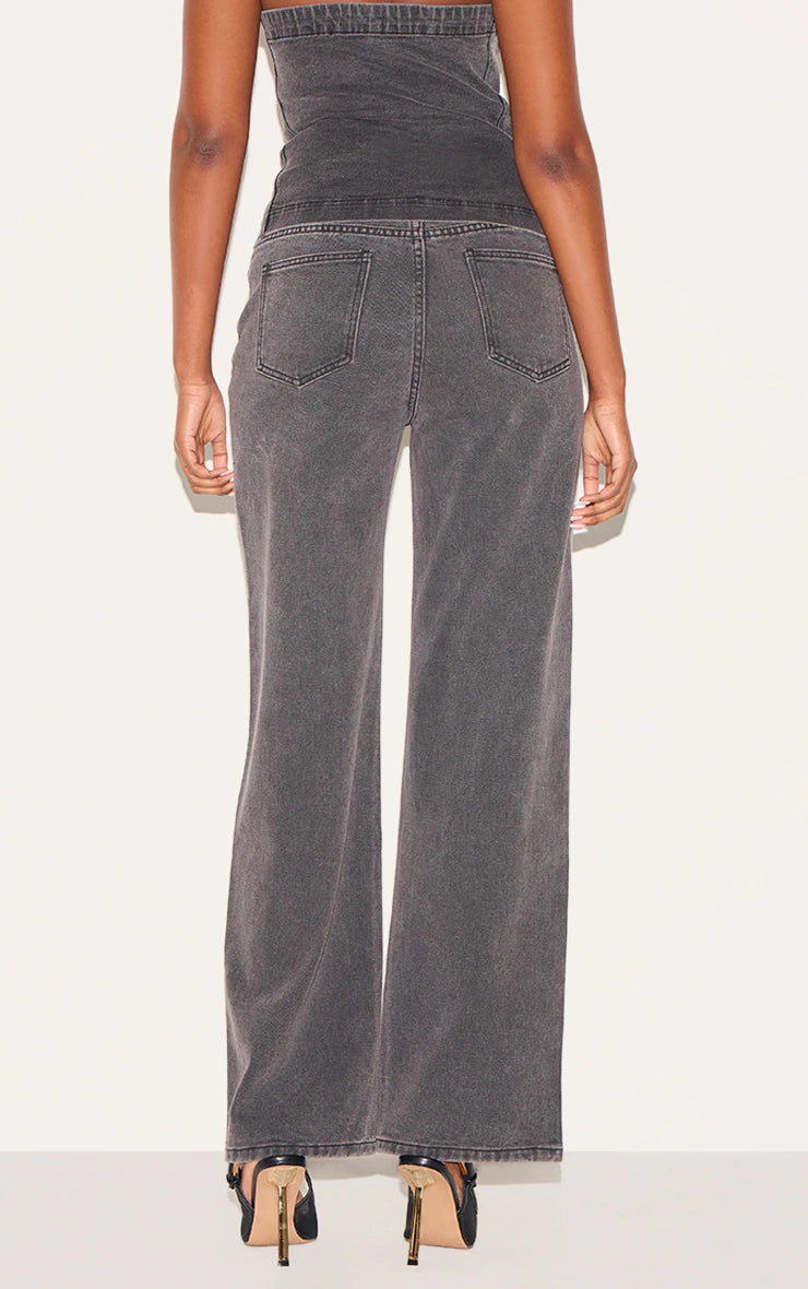 Washed Black Fabric Covered Button Mid Waist Straight Leg Jeans