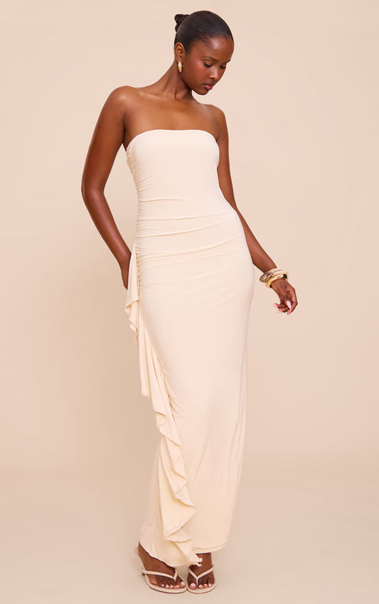 Almond Double Layer Slinky Bandeau Frill Detail Maxi Dress