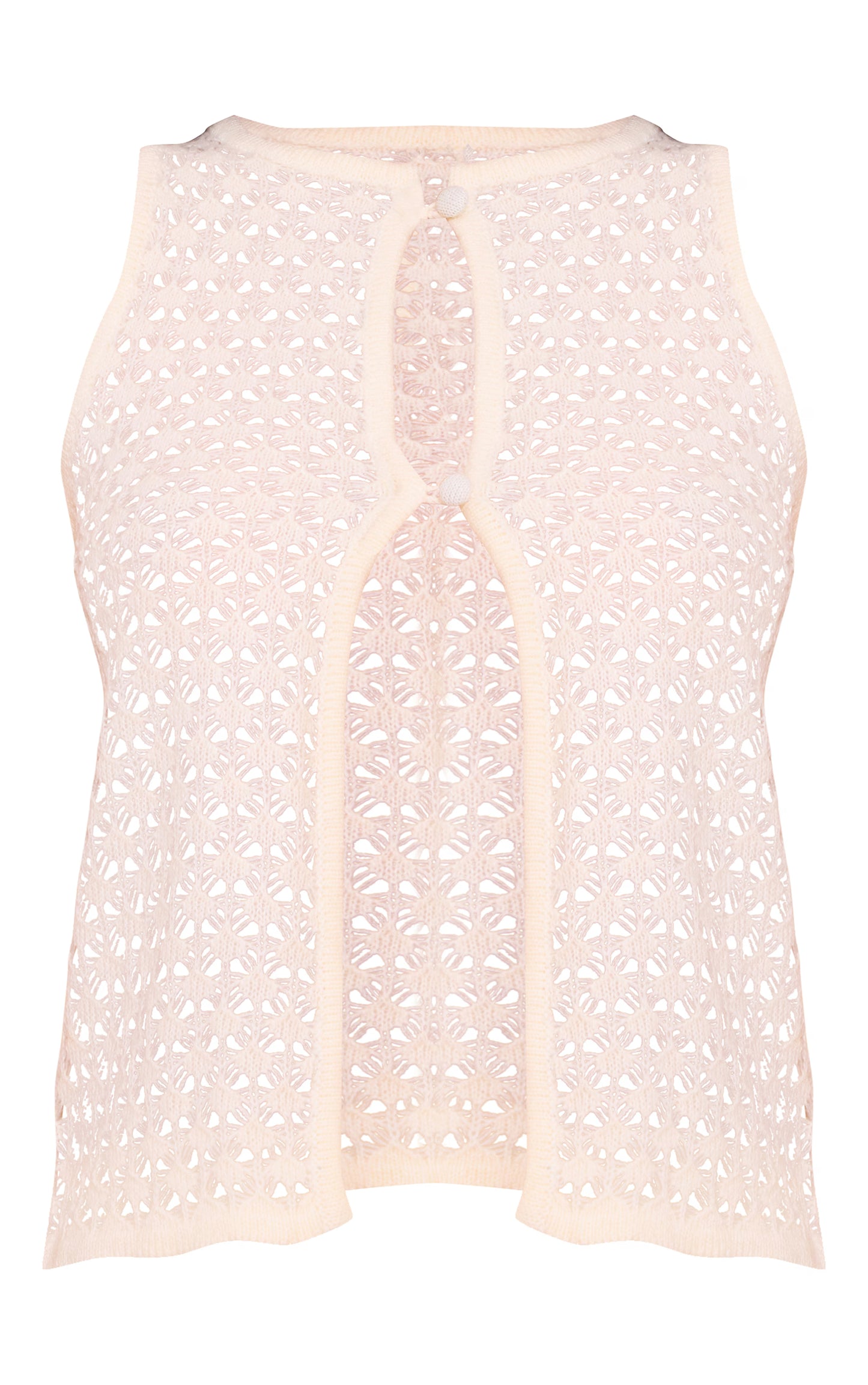 Ecru Crochet Knit Cut Out Pearled Button Vest Top