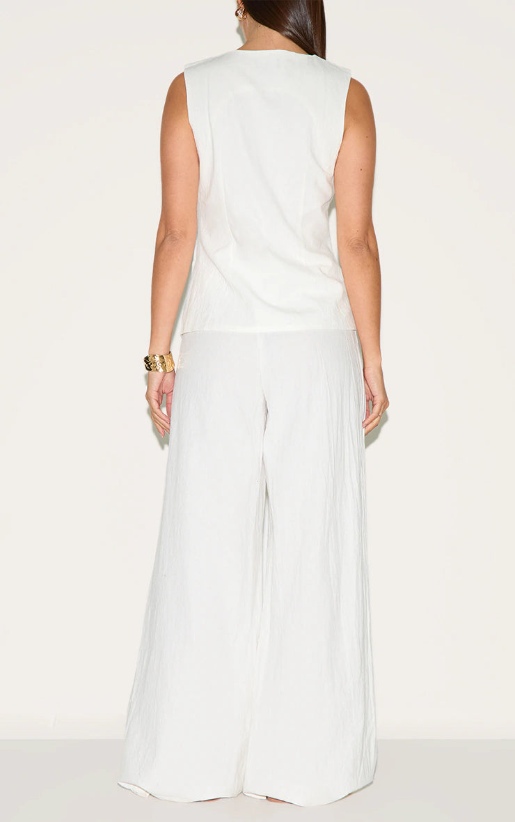 White Linen Look Wide Leg Pleated Pants