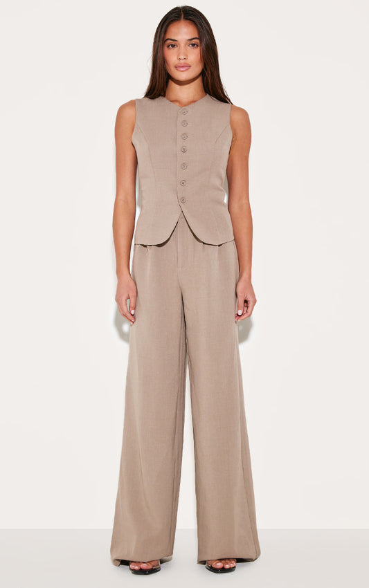 Taupe Tailored Tie Detail Woven Wide Leg Pants