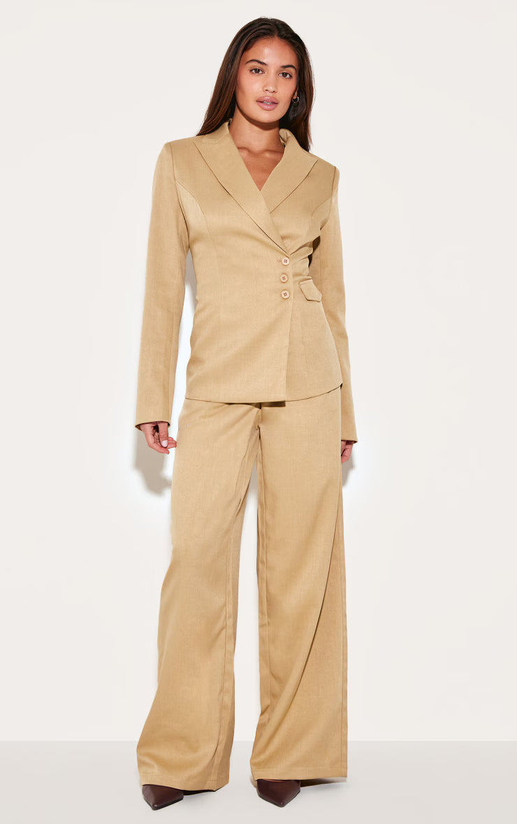 Sand Woven Tailored Cinched Waist Blazer