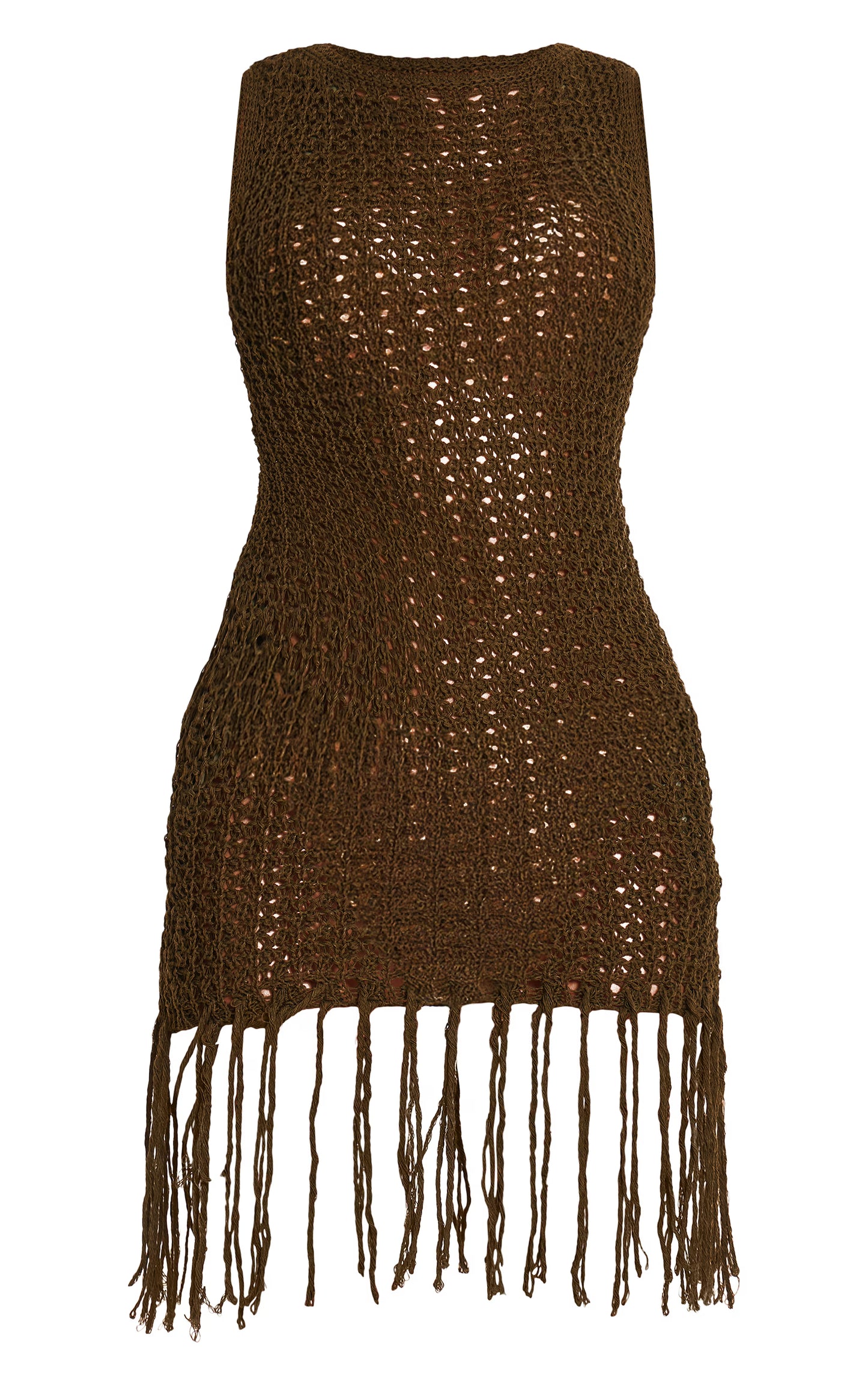 Olive Crochet Boat Neck Tassel Mini Dress