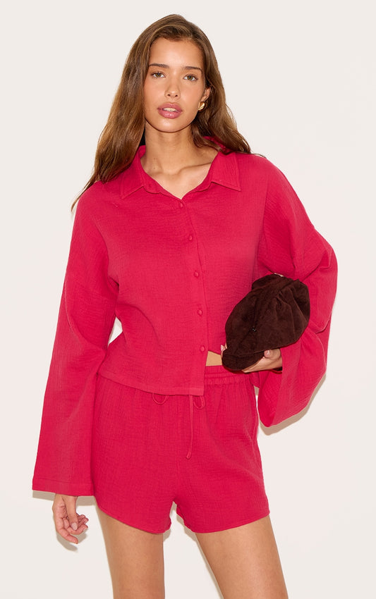 Tomato Red Oversized Button Up Shirt