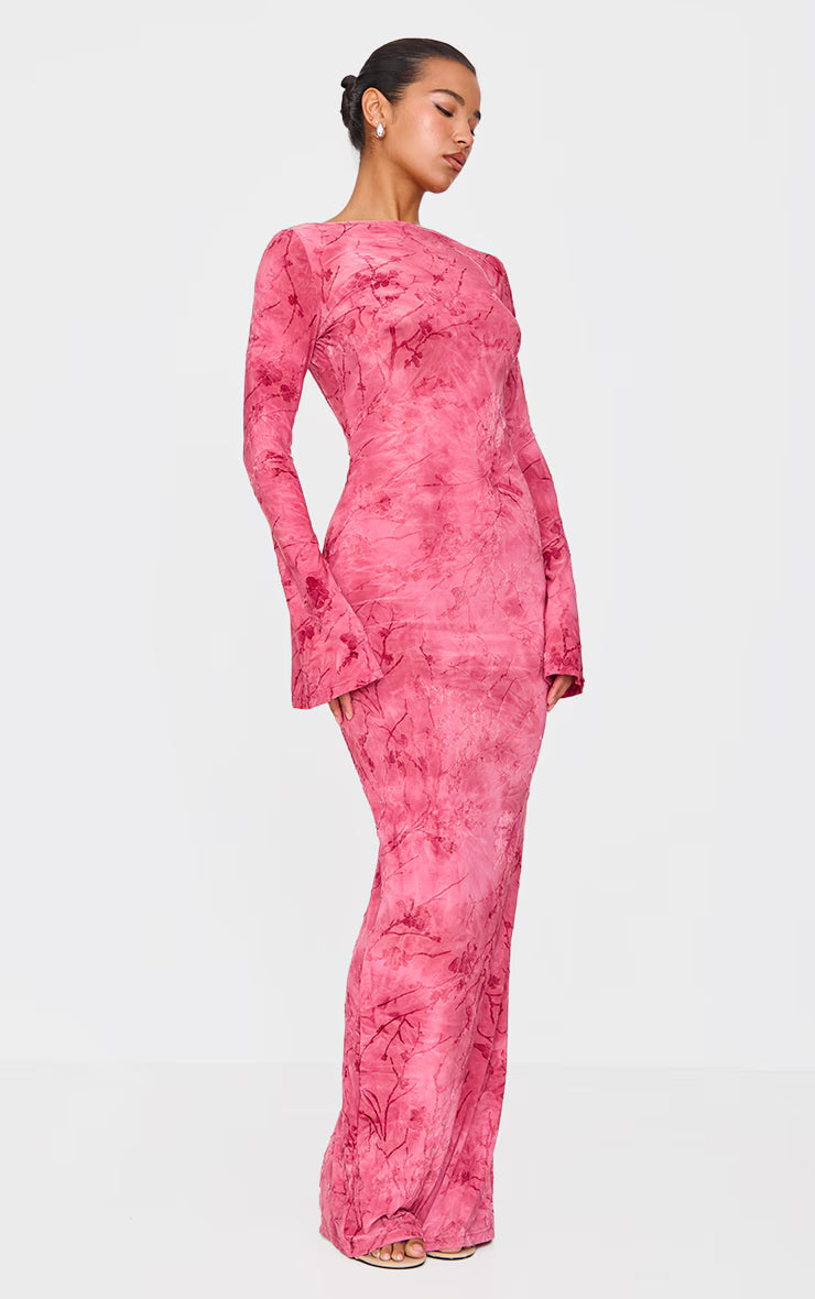 Pink Floral Devore Long Sleeve Maxi Dress