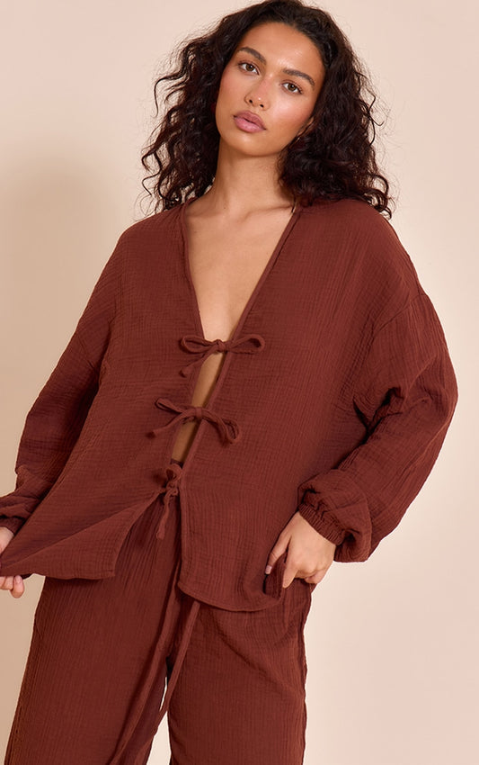Dark Brown Cheesecloth Textured Tie Front Shirt
