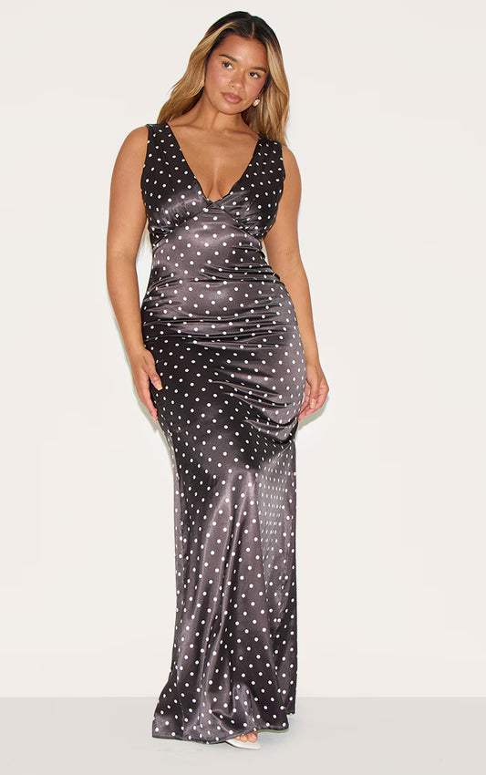 Shape Chocolate Satin Polka Dot Plunge Front Maxi Dress