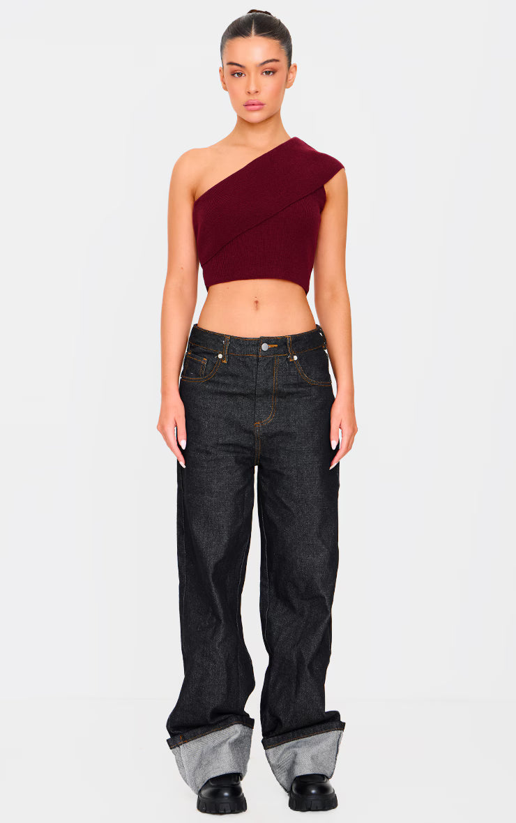 Burgundy Soft Rib Knit One Shoulder Fold Over Crop Top