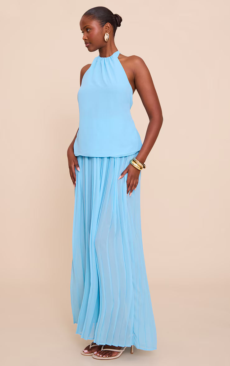 Sky Blue Overlay Pleated Skirt Maxi Dress