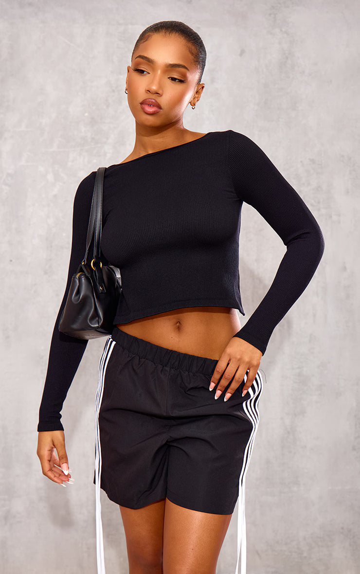 Black Snatched Rib Back Detail Long Sleeve Top