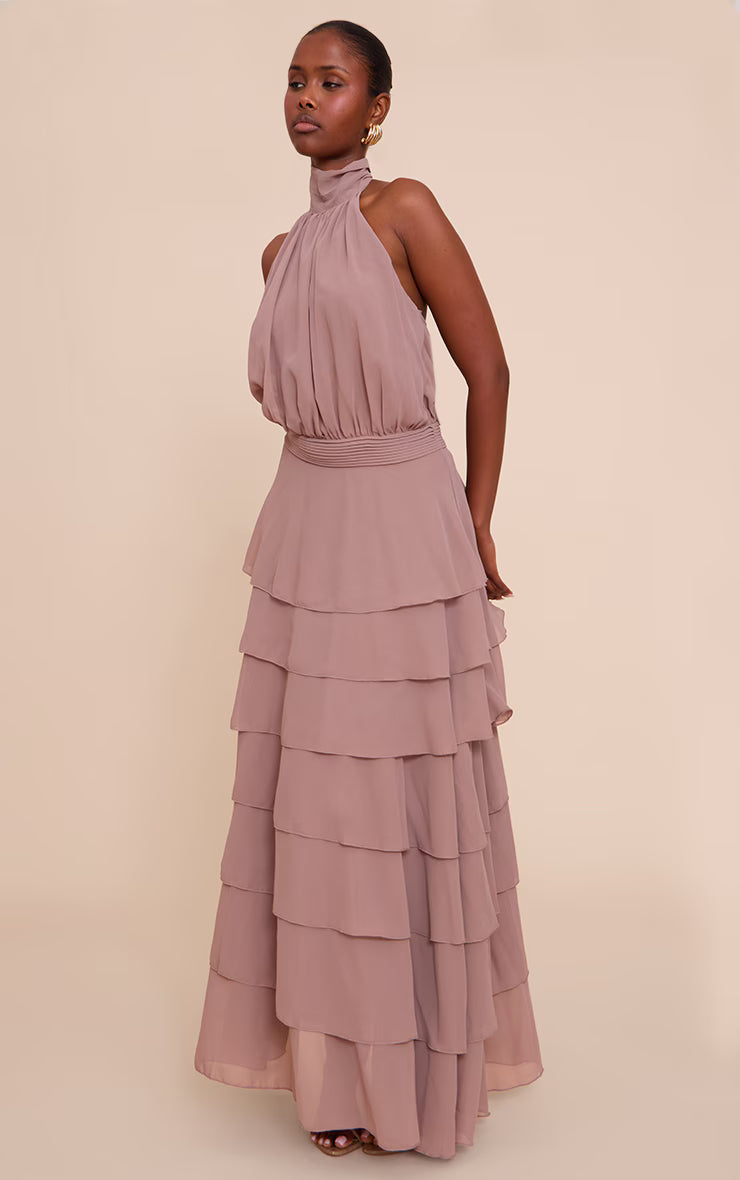 Taupe Chiffon Tiered Maxi Dress