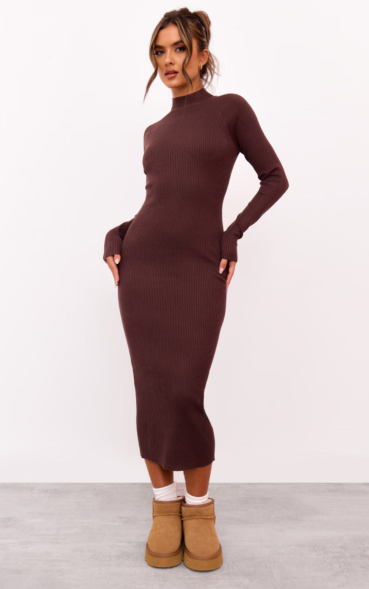 Chocolate Turtle Neck Knitted Bodycon Maxi Dress