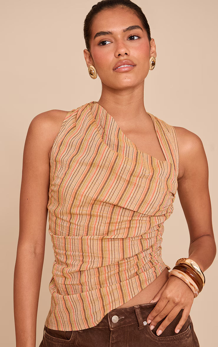 Orange Linen Look Striped Asymmetric Top
