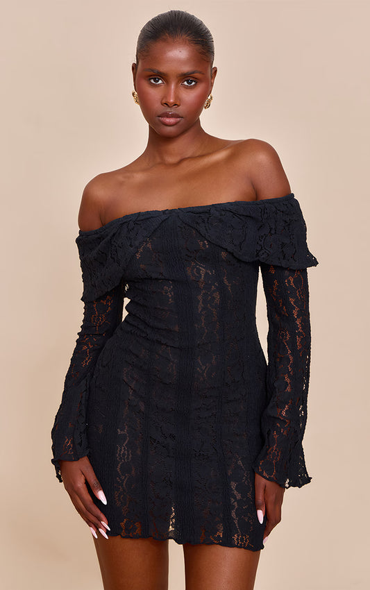 Black Lace Bardot Long Sleeve Mini Dress