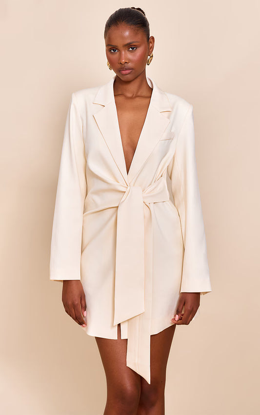 Almond Woven Blazer Side Tie Mini Dress