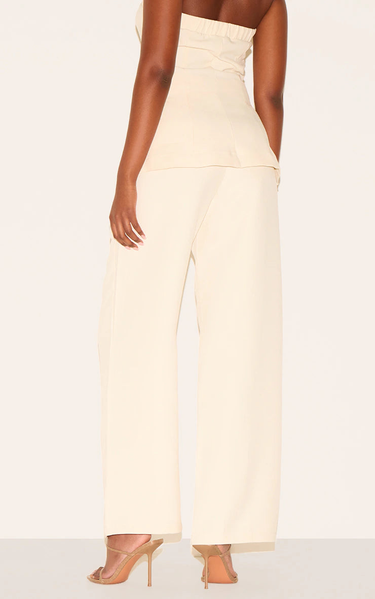 Premium Cream Tailored Woven High Waist Wide Leg Pants
