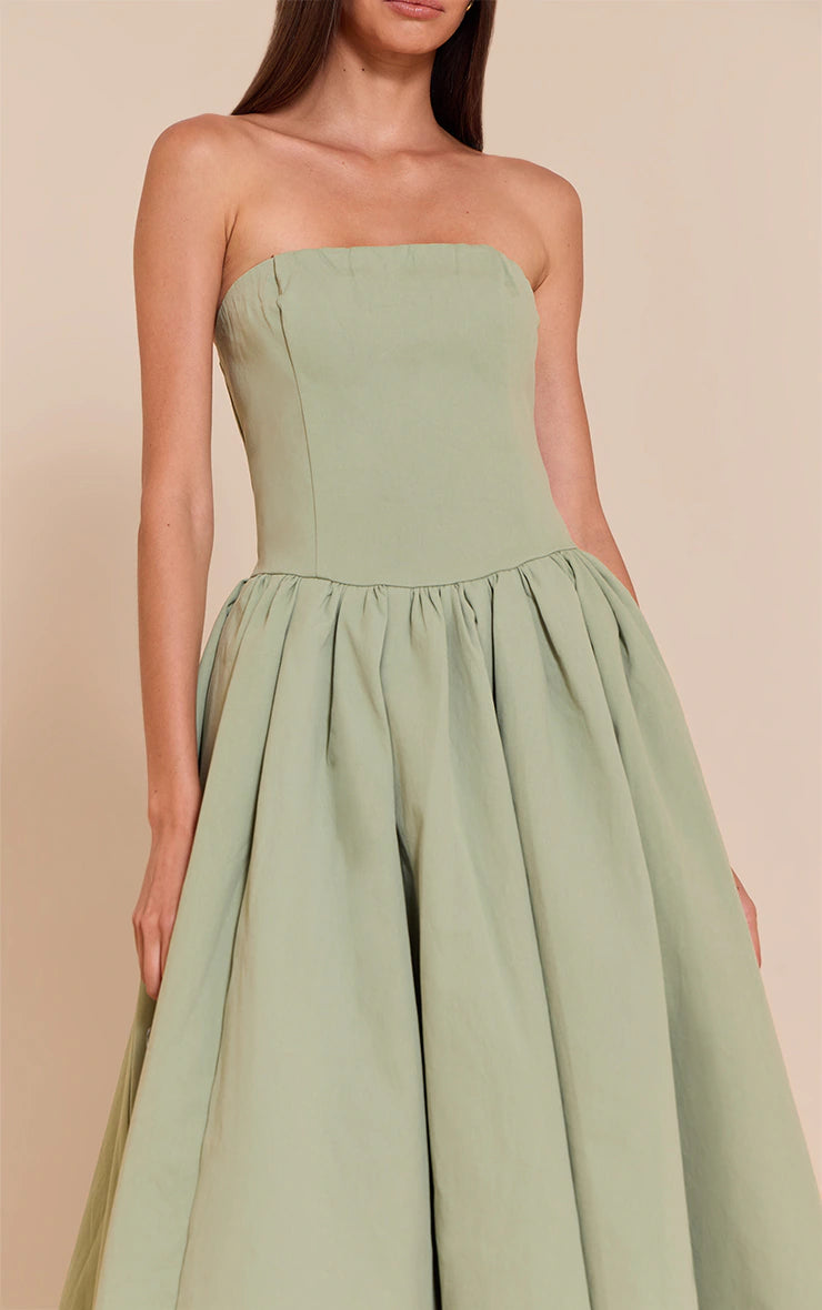 Sage Woven Bandeau Ruched Skater Midaxi Dress