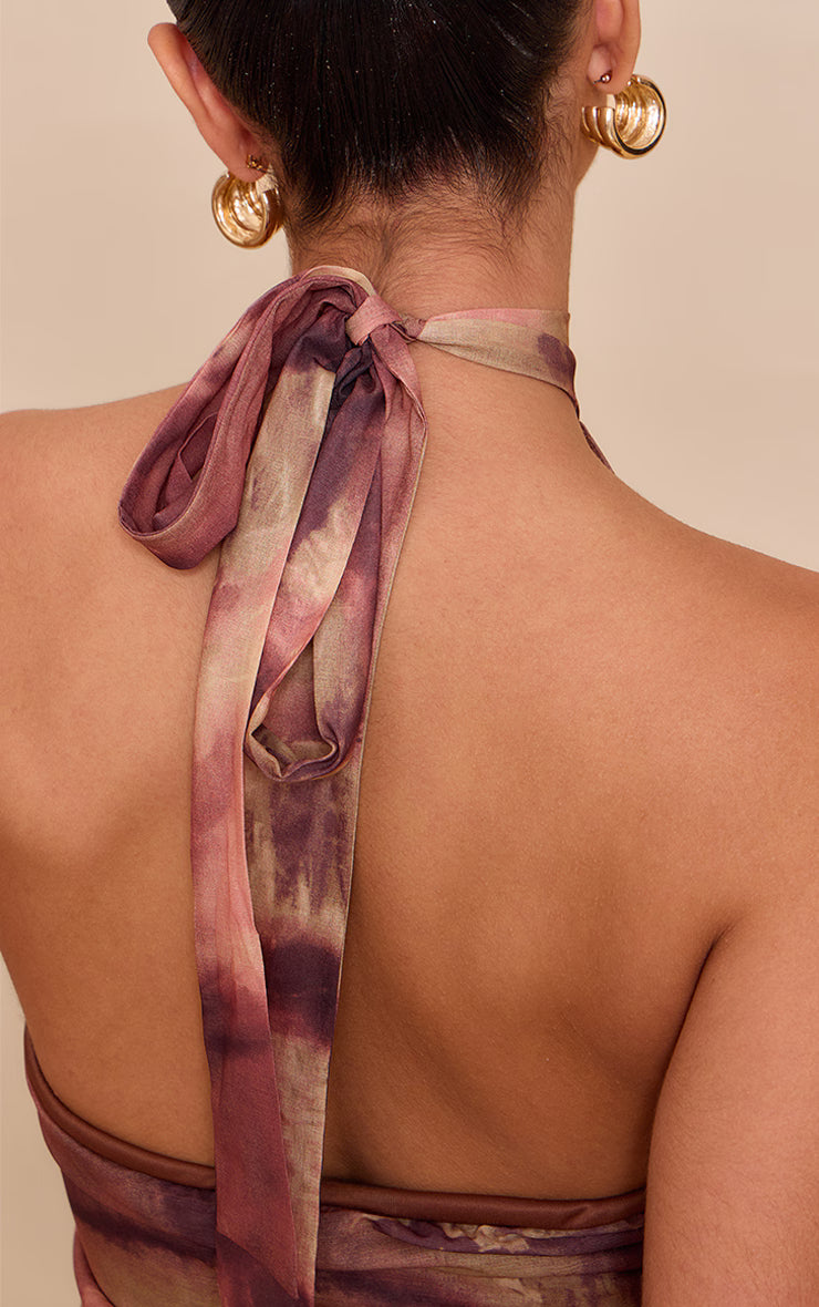 Purple Abstract Print High Neck Asymmetric Top