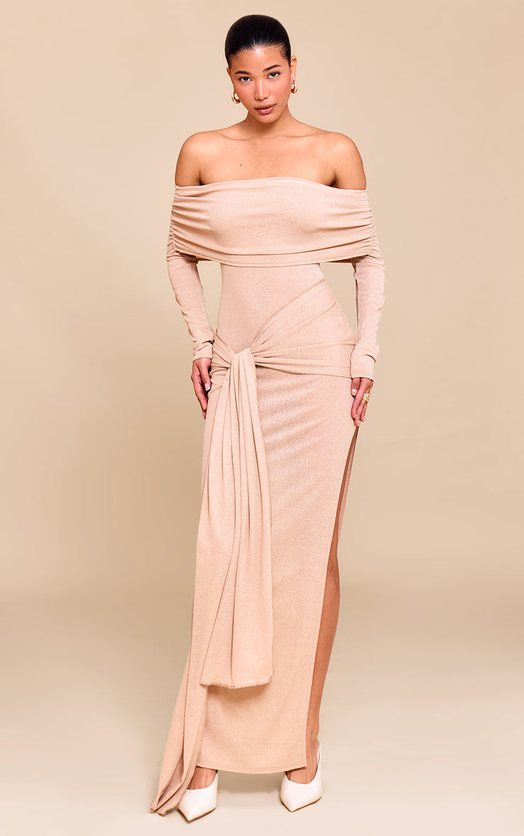 Taupe Onion Skin Bardot Tie Waist Maxi Dress