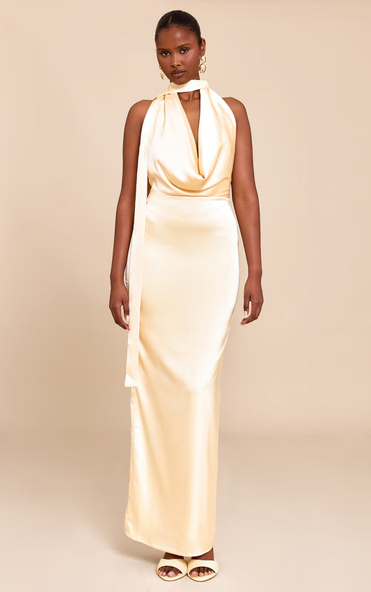 Butter Yellow Satin Cowl Neck Drape Maxi Dress