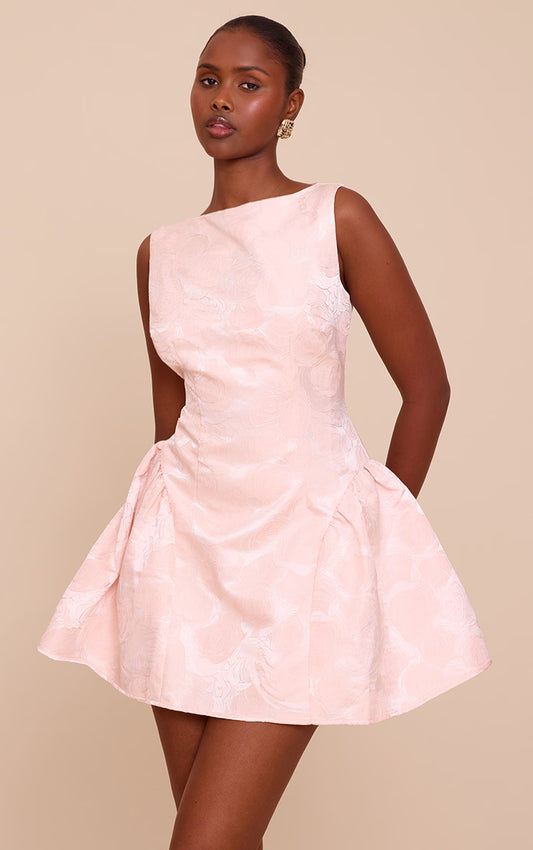 Baby Pink Floral Jacquard Boat Neck Shift Dress