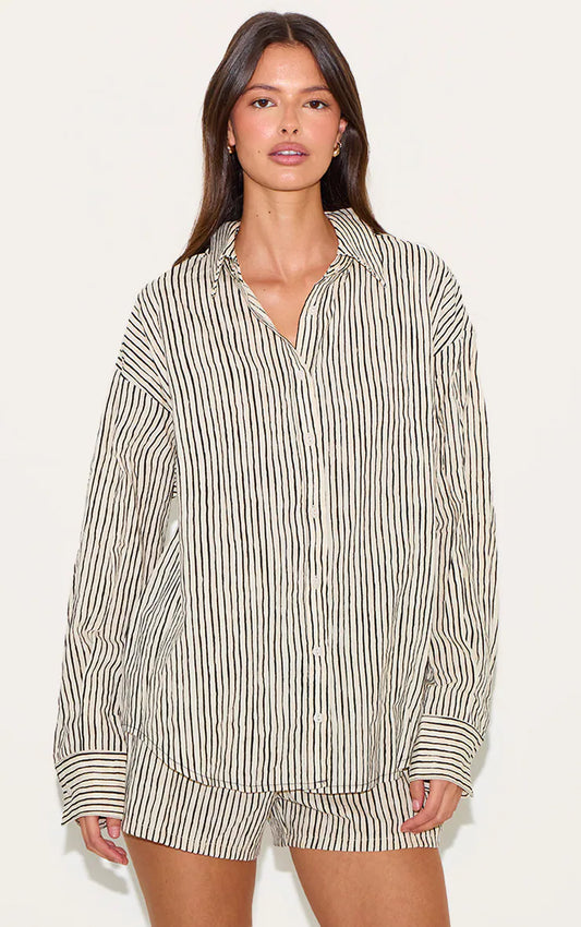 Black Striped Linen Long Sleeve Shirt