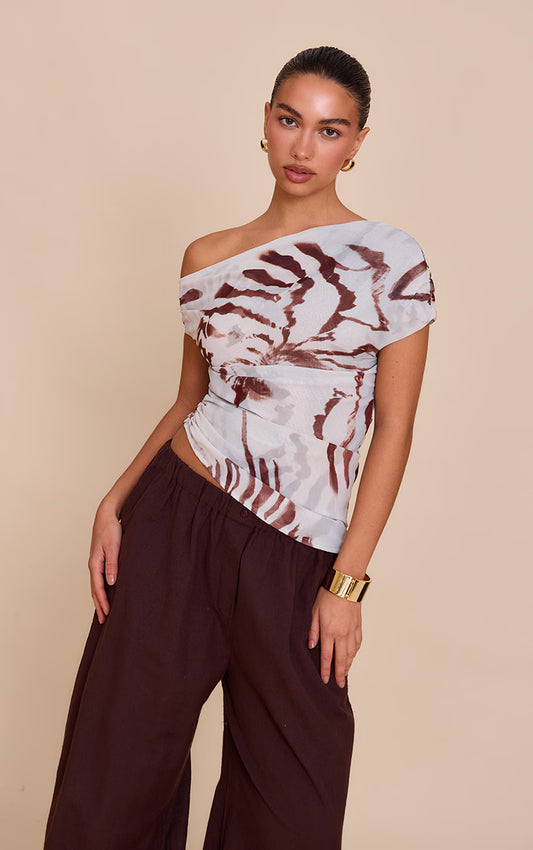 Pale Blue Abstract Shell Printed Chiffon Asymmetric Drape Long Top